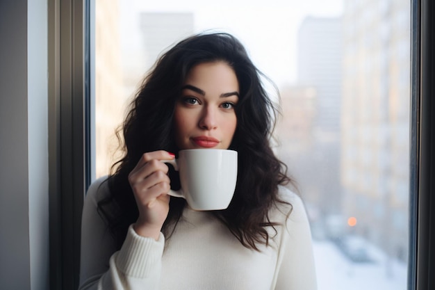 Bella ragazza accanto alla finestra con in mano una tazza da caffè bianco. Tazza in porcellana bianca da 11 once