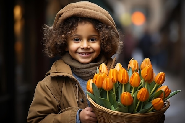 Bella ragazza africana che tiene un cesto pieno di tulipani gialli brillanti in un ambiente naturale