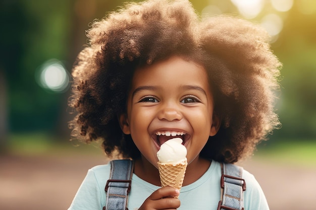 Bella ragazza afroamericana che mangia un delizioso gelato all'aperto