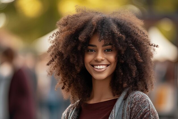 Bella ragazza afroamericana con un'acconciatura afro sorridente Ai generativa