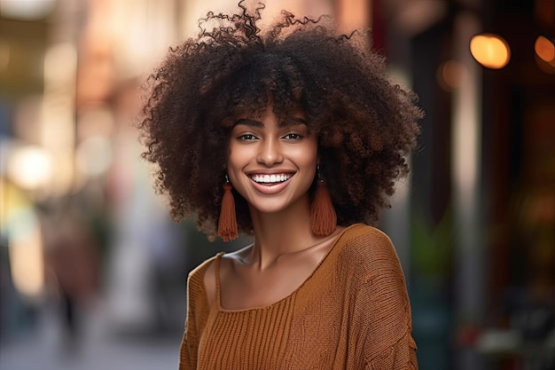 Bella ragazza afroamericana con un'acconciatura afro sorridente Ai generativa