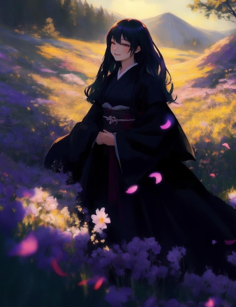 Bella ragazza anime che indossa un kimono nero