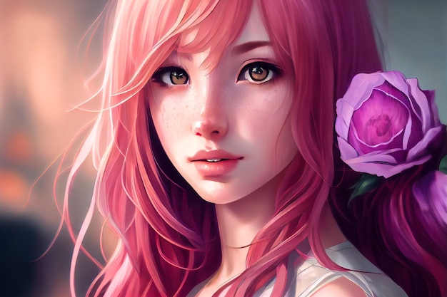 Bella ragazza anime con i capelli rosa IA generativa