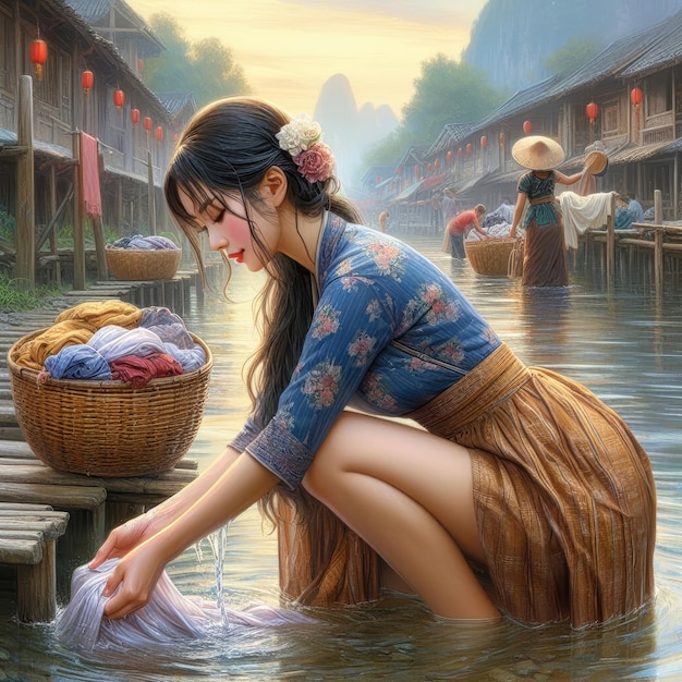 bella ragazza asiatica nel fiume che lava i vestiti