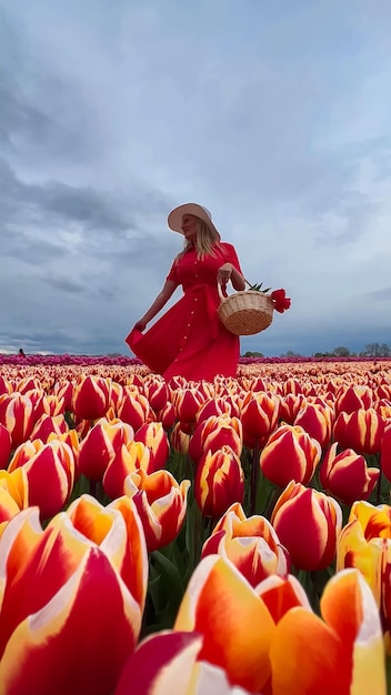 Bella ragazza bionda con un vestito rosso e un cappello di paglia bianco con un cesto di vimini su campi di tulipani colorati