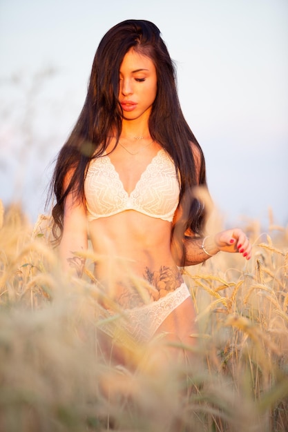 Bella ragazza bruna sexy in biancheria intima di pizzo bianco in un campo di grano durante il tramonto