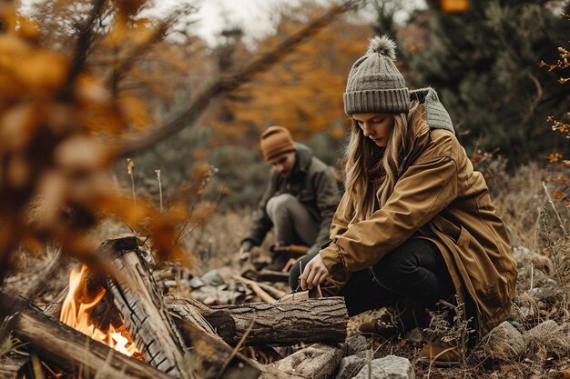Bella ragazza camper che prepara legna da ardere con il fidanzato per accendere un fuoco di campo