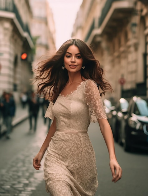 Bella ragazza castana in un abito bianco su una strada di Parigi nell'illuminazione serale