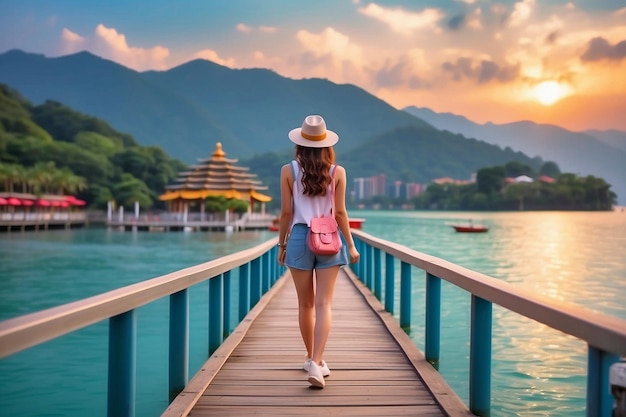 Bella ragazza che cammina sul lago Sun Moon a Taiwan