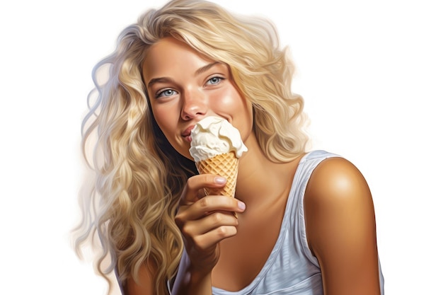 bella ragazza che mangia il gelato su uno sfondo bianco isolato