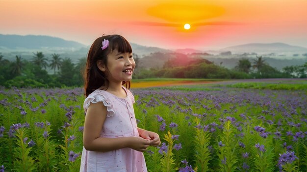 Bella ragazza che si diverte nei campi di fiori e nel punto di vista dell'alba nella provincia di Tak
