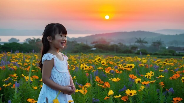 Bella ragazza che si diverte nei campi di fiori e nel punto di vista dell'alba nella provincia di Tak