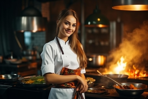 Bella ragazza chef pronta a cucinare in cucina al ristorante