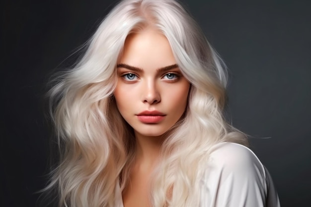 Bella ragazza colorazione dei capelli in biondo ultra Riccioli di acconciatura alla moda fatti in un salone di bellezza Generativo Ai