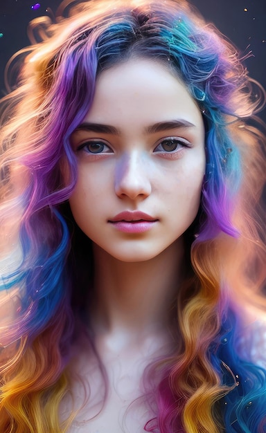 Bella ragazza con capelli lunghi multicolori IA generativa