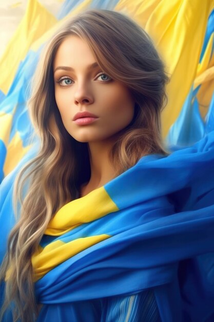 Bella ragazza con elementi di abbigliamento nel colore del cielo gialloblu della bandiera ucraina