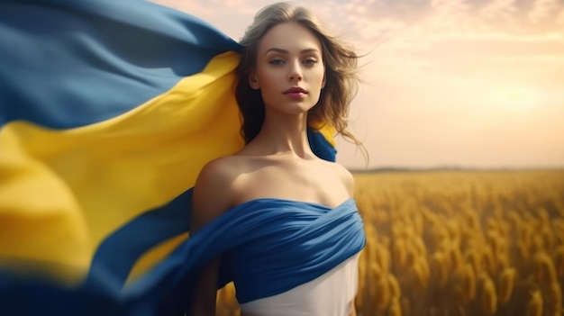 Bella ragazza con elementi di abbigliamento nel colore del cielo gialloblu della bandiera ucraina