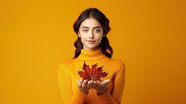 Bella ragazza con foglie d'autunno