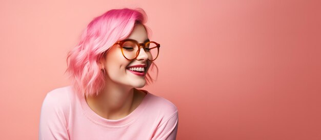 Bella ragazza con grandi occhiali con un'atmosfera rosa felice che celebra il giorno dell'amore e dell'amicizia
