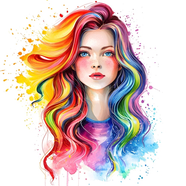 bella ragazza con i capelli arcobaleno acquerello dipinto isolato su sfondo bianco