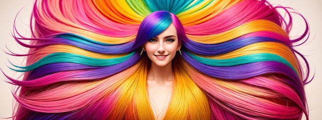 Bella ragazza con i capelli colorati Giovane donna europea sorridente con trucco luminoso e acconciatura tinta arcobaleno Un sacco di riccioli svolazzanti colorati Taglio di capelli professionale e colorazione IA generativa