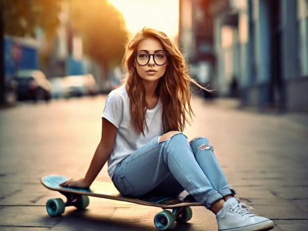 bella ragazza con i capelli lunghi con skateboard fotografare sulla telecamera strada sport attivi