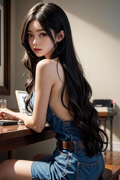 Bella ragazza con i capelli lunghi e neri sfondo di carta da parati di fotografia HD