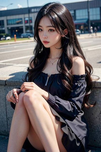 Bella ragazza con i capelli lunghi e neri sfondo di carta da parati di fotografia HD