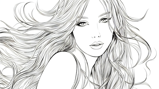 Bella ragazza con i capelli lunghi illustrazione in bianco e nero
