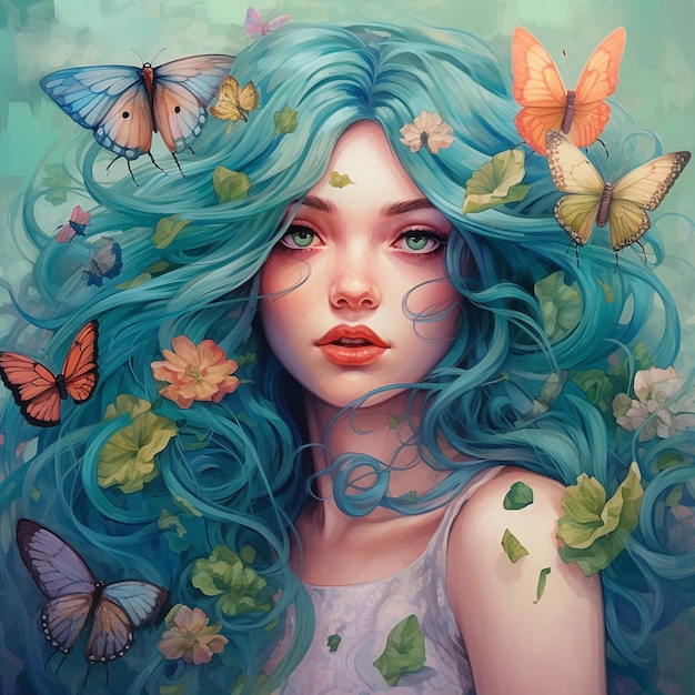 Bella ragazza con i capelli lunghi illustrazione in stile Fantasy AI generato