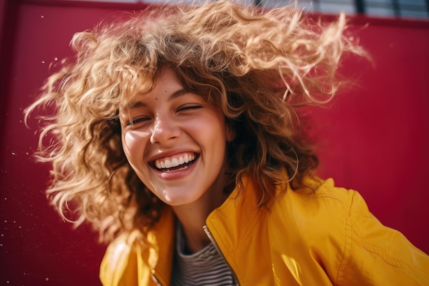 bella ragazza con i capelli ricci che indossa un impermeabile giallo sorridente e che guarda l'obbiettivo