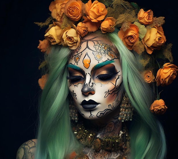 Bella ragazza con il trucco del teschio di zucchero e fiori tra i capelli Halloween