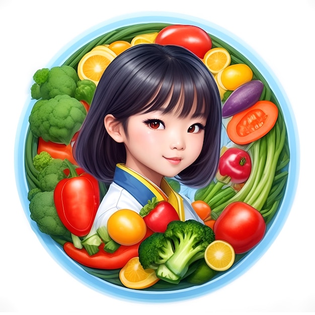 bella ragazza con motivi di verdure e frutta su uno sfondo bianco