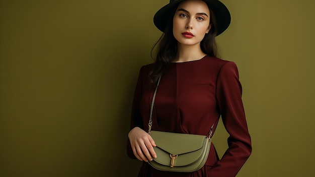 bella ragazza con un cappello e vestiti e con una borsa di colori sfumati