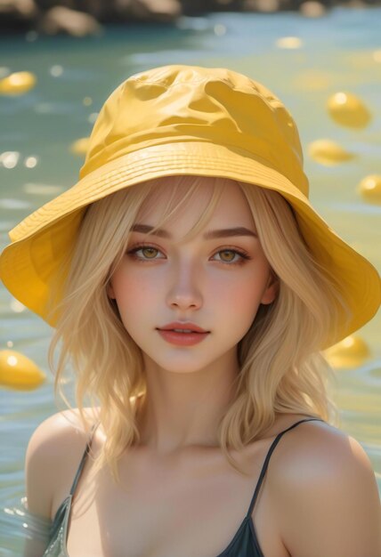 Bella ragazza con un cappello giallo sulla spiaggia in estate