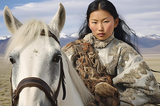 Bella ragazza con un cavallo bianco nella steppa mongola