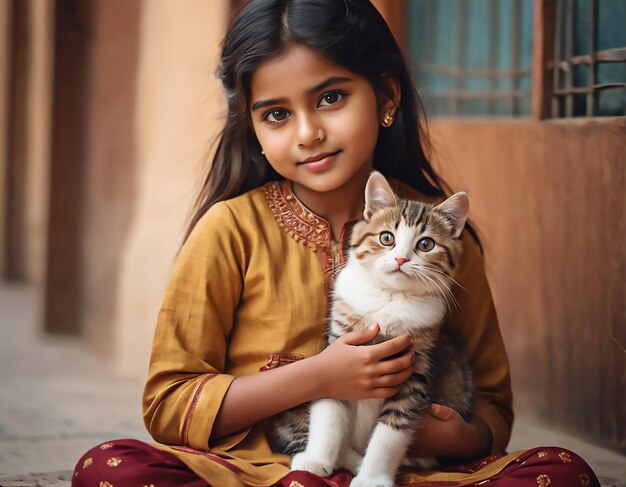 bella ragazza con un gatto carino in grembo foto realistica ai generativa