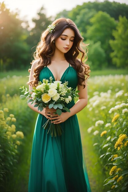 bella ragazza con un lungo vestito verde con un bouquet di fiori in estate sulla natura