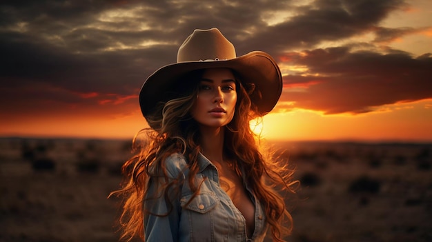 Bella ragazza con un sorriso sul viso in un cappello da cowboy sullo sfondo di un bel tramonto