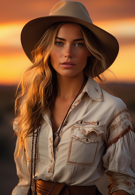 Bella ragazza con un sorriso sul viso in un cappello da cowboy sullo sfondo di un bel tramonto