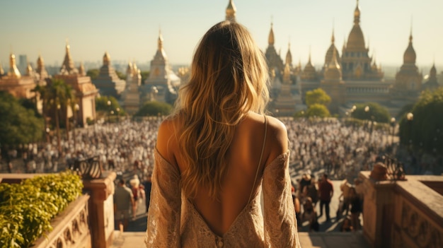 Bella ragazza con un vestito bianco sullo sfondo della cattedrale di Bagan