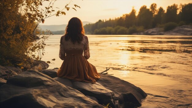 Bella ragazza con un vestito lungo sulla riva del fiume al tramonto