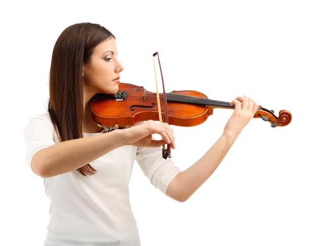 Bella ragazza con violino isolato su bianco