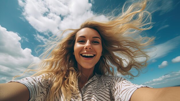 Bella ragazza dai capelli biondi che sorride sulla spiaggia con il mare di sabbia e il cielo blu sullo sfondo Selfie