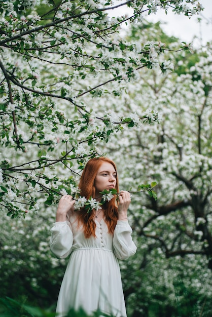 Bella ragazza dai capelli rossi in un abito bianco tra alberi di mele in fiore nel giardino.