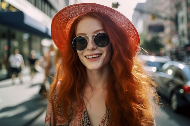 Bella ragazza dai capelli rossi sui 20 anni con un cappello e occhiali da sole in un vestito alla moda per le strade di new york alla luce del sole