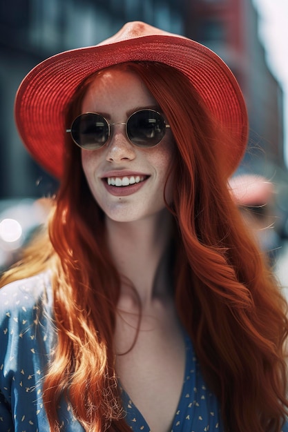 Bella ragazza dai capelli rossi sui 20 anni con un cappello e occhiali da sole in un vestito alla moda per le strade di new york alla luce del sole