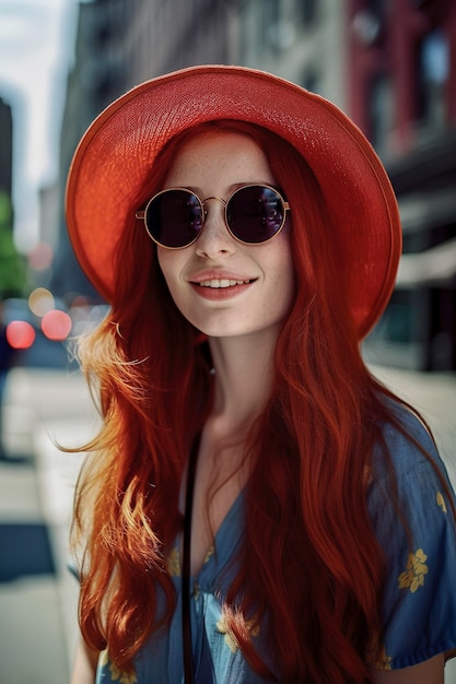 Bella ragazza dai capelli rossi sui 20 anni con un cappello e occhiali da sole in un vestito alla moda per le strade di new york alla luce del sole