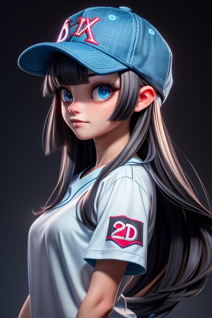 Bella ragazza dei cartoni animati con grandi occhi blu che indossa un cappello e una maglietta a maniche corte personaggio anime cool