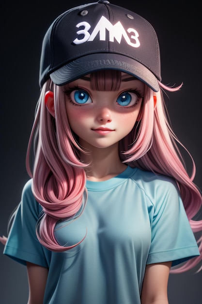 Bella ragazza dei cartoni animati con grandi occhi blu che indossa un cappello e una maglietta a maniche corte personaggio anime cool